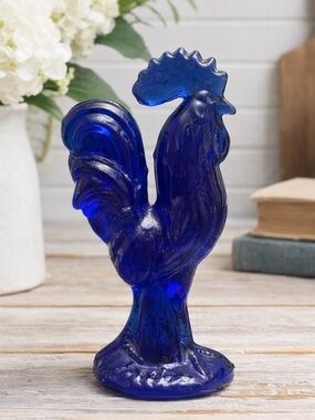 Cobalt Blue Glass Rooster Figurine Vintage Farmhouse Decor 4”